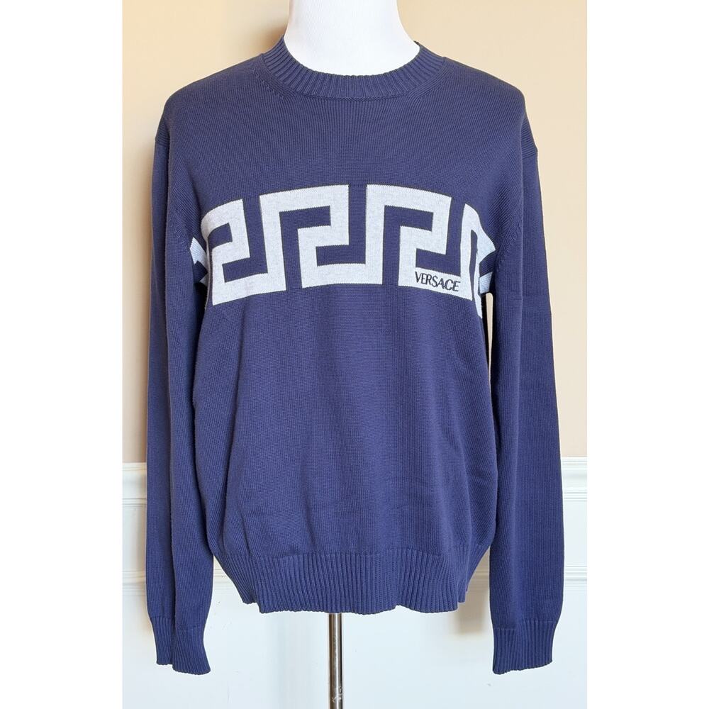 Versace Greca Knit Cotton Sweater Blue 50 Euro (Large) 1021724 NWT $1125